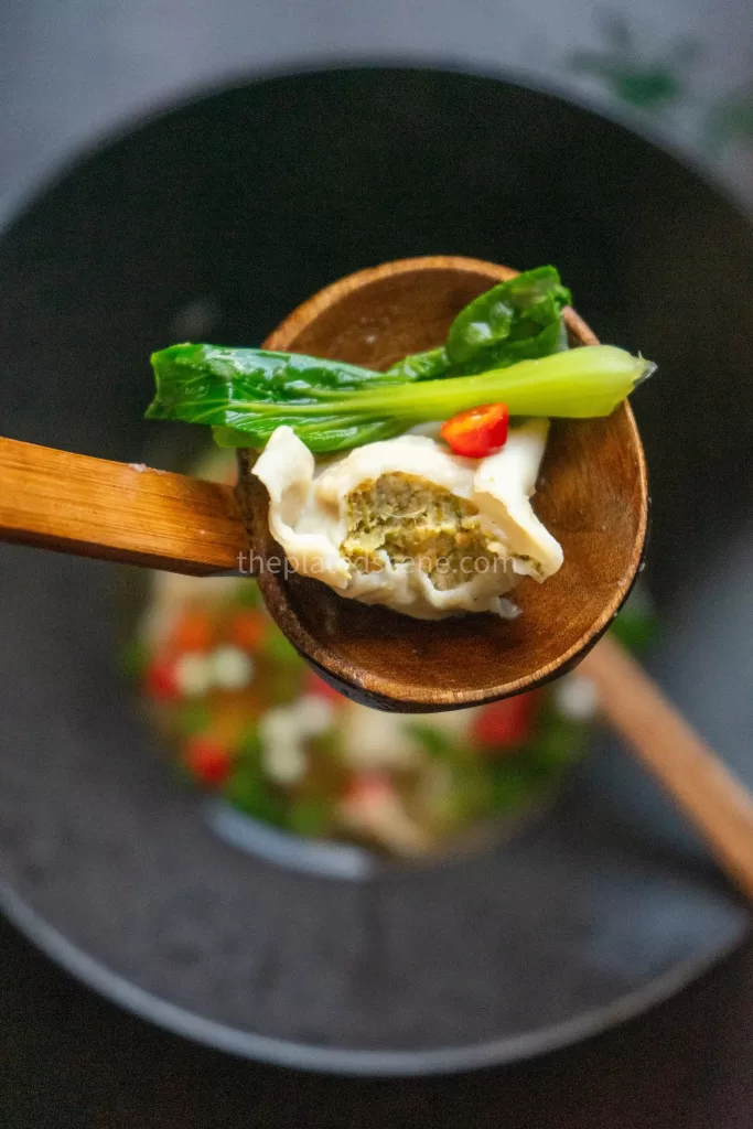 Close-Up of Flavorful Vegan Wonton Soup Broth