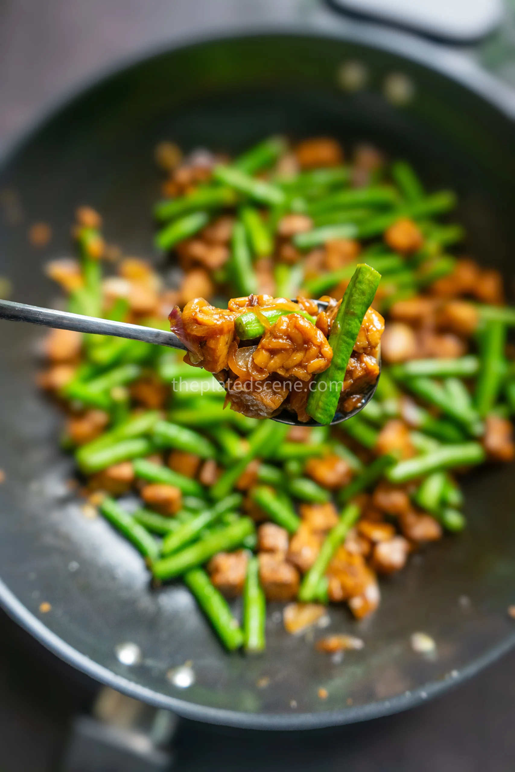 Tempe Orek Kacang Panjang: Easy Indonesian Stir-Fried Tempeh with Long Beans 15 Close-up view of perfectly cooked tempe orek kacang panjang showing the glossy kecap manis coating and tender vegetables